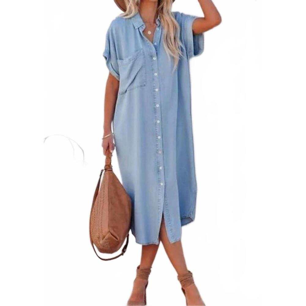 NEW DEAR LOVER morning glory shirt midi dress in pale blue